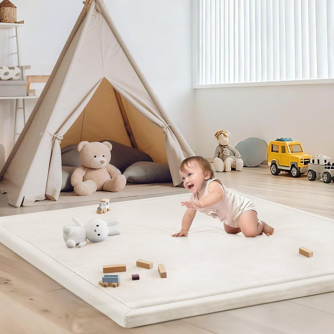 ILPEOD Baby Play Mat for Floor Nursery Rug Muscle Mat Area Rug Playroom Rug 74"x50" Playpen Mat Elastic Foam 1.3" Thick Crawling Mat for Babies,Toddlers, Infants, Kids,Cream