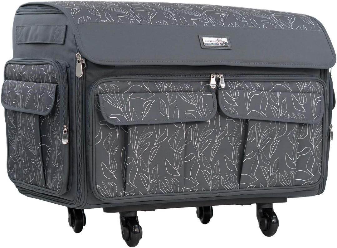Everything Mary XXL Rolling Sewing Machine Case Grey Floral Craft Bag with 4 Wheels Compatible with Brother, Singer & Babylock Embroidery Machines Durable Storage