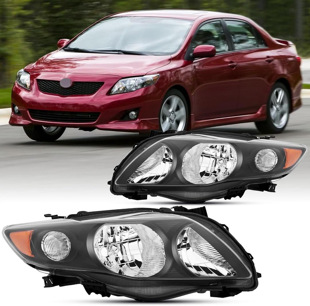 2PCS Headlights Assembly Set For 2009 2010 Toyota Corolla CE/XLE/LE/Base Replacement Bumperlight Headlamps Driver and Passenger Side Black Housing Amber Reflector Clear Lens TO2503183 TO2502182