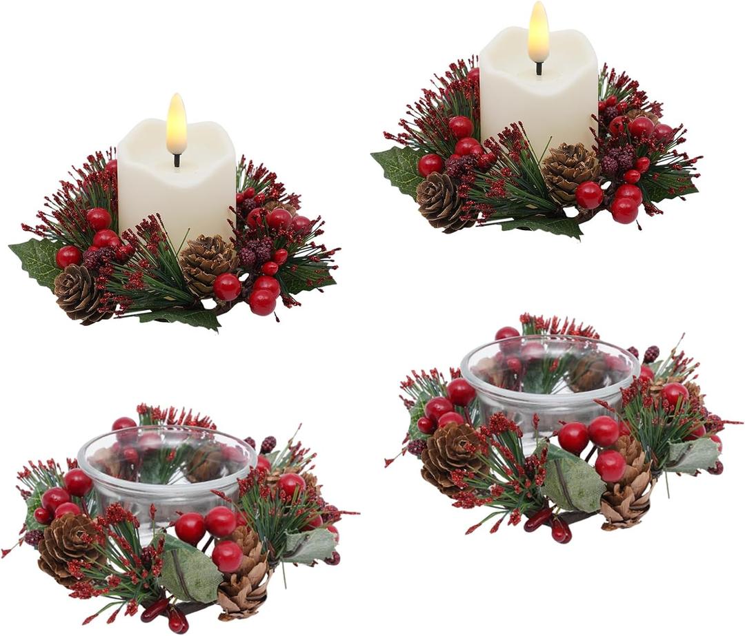 Candle Rings Set of 4 Christmas Candle Wreaths with Red Berries, Pine Needles Pinecones Led Candles and Glass Cup,Suitable for Christmas Table, Front Door, Cabinet and Window Decoration (Green)