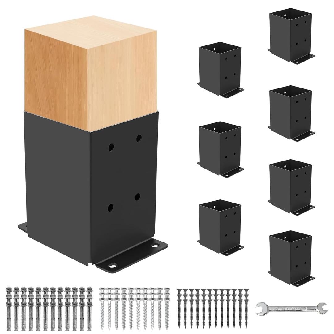 8 Pcs Post Base,4"x 4" Post Brackets(Actual 3.6"x 3.6"), Heavy Duty Black Metal Powder-Coated Thick Steel Post Anchor Outdoor for Support Deck Base Plate, Fence Kit,Mialbox Post Mount