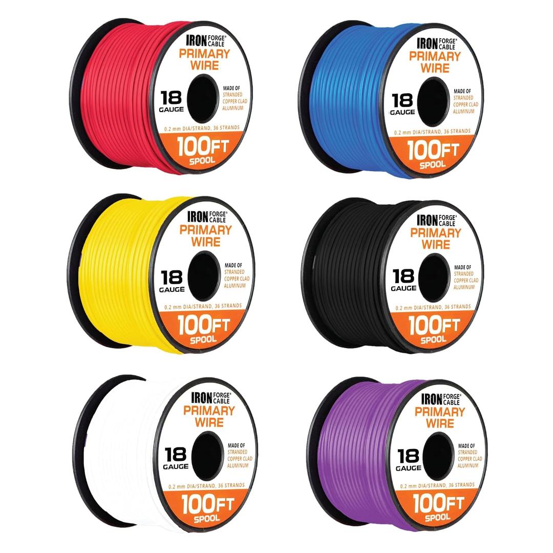 Iron Forge Cable 600 ft 18 Gauge Primary Automotive Wire 6 Colors - 6 Roll Assortment Pack - 100 Ft of Copper Clad Aluminum Wire per Roll - for Home or Automotive