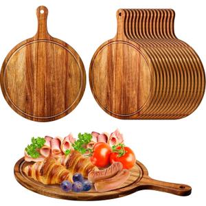 Nuenen 30 Pcs Round Wood Cutting Board with Handle Acacia Bamboo Wooden Serving Kitchen Chopping Boards for Pizza, Bread, Cheese, Charcuterie, Fruit, Vegetables (Acacia), Approx. 15.4 X 11.4 X 0.6 Inches
