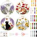 BEUNITONE 4 Set Embroidery Kit for Beginners, Cat and Butterfly Pre-Stamped Pattern Needlepoint Kits for Adults with Hoop and Instruction, Cute Hand Embroidery Patterns for Cloth and Home Decor