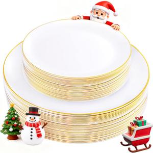 KIRE 60PCS Gold Plastic Plates - Thanksgiving Heavy Duty White Disposable Plates with Gold Rim for Party/Wedding- Include 30Pieces 10.25inch Dinner Plate and 30Pcs 7.5inch Dessert Plate