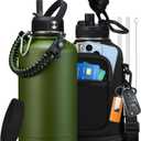 Stainless Steel Water Bottles 64oz - Insulated Half Gallon Water Jug with Straw & Chug Lid, Metal Tactical Canteen for Gym Sports Workout Hiking with Paracord Handle, Strap Carry Sleeve, Army Green