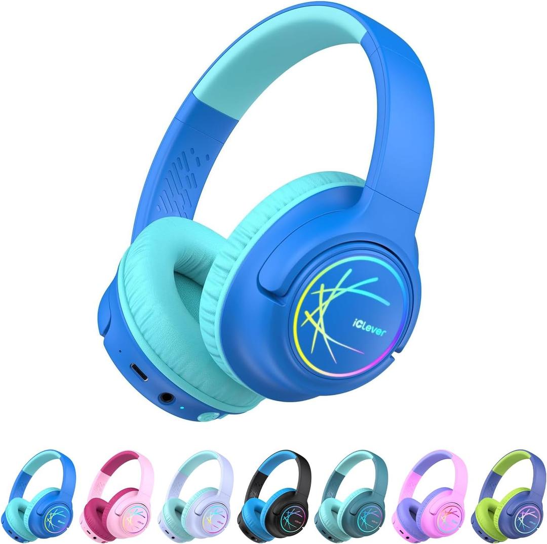 iClever Kids Bluetooth Headphones with LED Lights, 43H Playtime, Type-C Fast Charging, BTH18 Safe Volume 74/85dBA, Bluetooth5.3,Toddler Headphones Aux Cord for iPad/Tablet/Travel/School, Blue