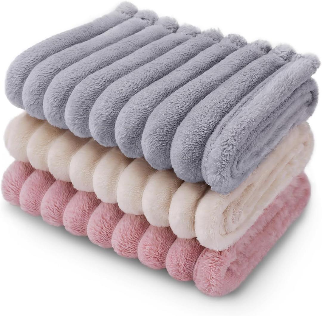 LINENLUX 1 Pack 3 Soft Fleece Dog Blanket for Pet Washable Warm Cat Puppy Fluffy Calming Flannel Beige/Pink/Grey Small 23x16