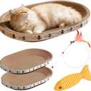 Cat Scratcher Bed with Toys, 2 Pack Oval Cat Scratcher Cardboard, Indoor Cat Scratch Bowl, Large Pad Cat Scratching Board with Catnip Fish Toy & Feather Wand for Furniture Protector