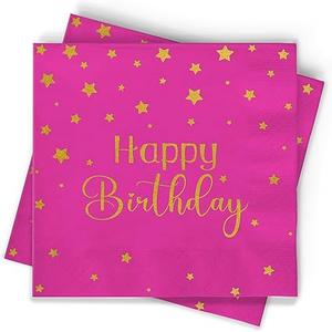 100-Pack Black Happy Birthday Napkins- 3-Ply Disposable Dinner Napkins with Gold Foil Stars for Party, Elegant Events, and Celebrations (Pink)