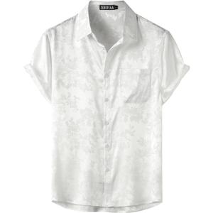 ZEROYAA Men's Shiny Luxury Silk Satin Floral Jacquard Short Sleeve Regular Fit Button Down Shirt for Party Prom (XX-Large, White)