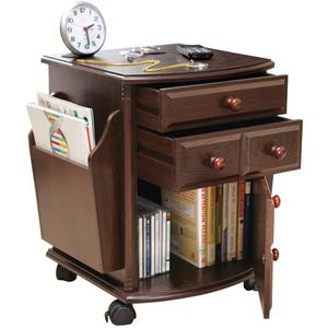 Collections Etc Multi Storage Mahogany Finish Companion Side Table with Rolling Wheels