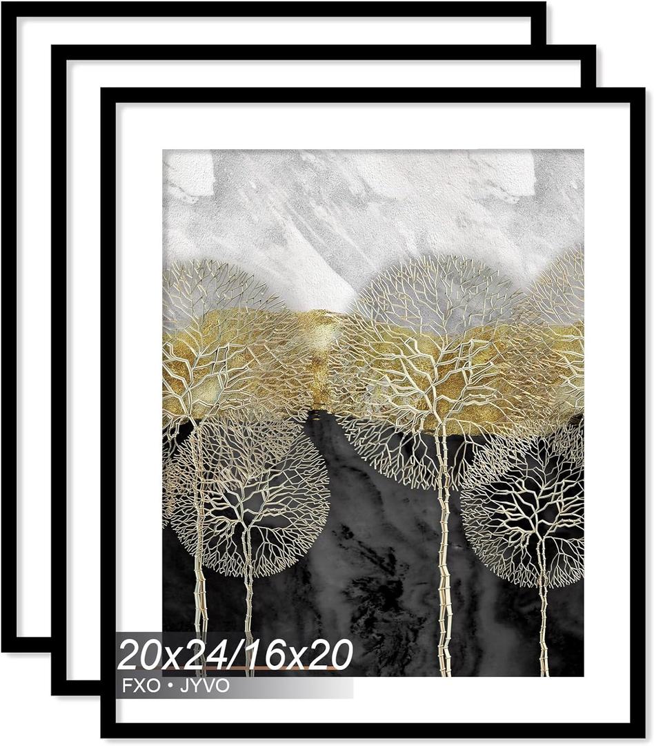 Fxojyvo 20x24 Picture Frame Set of 3, Display Poster 16x20 with Mat or 20 x 24 Without Mat, Light Weight and High Transparent 20 by 24 Frame for Wall - 3 Pack/Black/20 x24