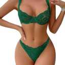 Lilosy Sexy Floral Lace Scallop Underwire Push Up Sheer Lingerie Set Outfits (Small, Army Green)