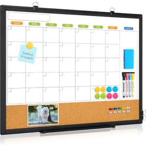 Dry Erase Calendar Whiteboard for Wall, WALGLASS 24" x 18" Double-Sided Monthly Calendar White Board Cork Combo, Black Aluminum Frame Hanging Wall Mounted Bulletin Corkboards for Home, Office, School