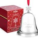 Christmas Bell 2025, Annual Silver Bell Christmas Ornaments for Tree Hanging Decorations, Metal Holiday Bells for Xmas Tree Decor with Ribbon & Gift Box