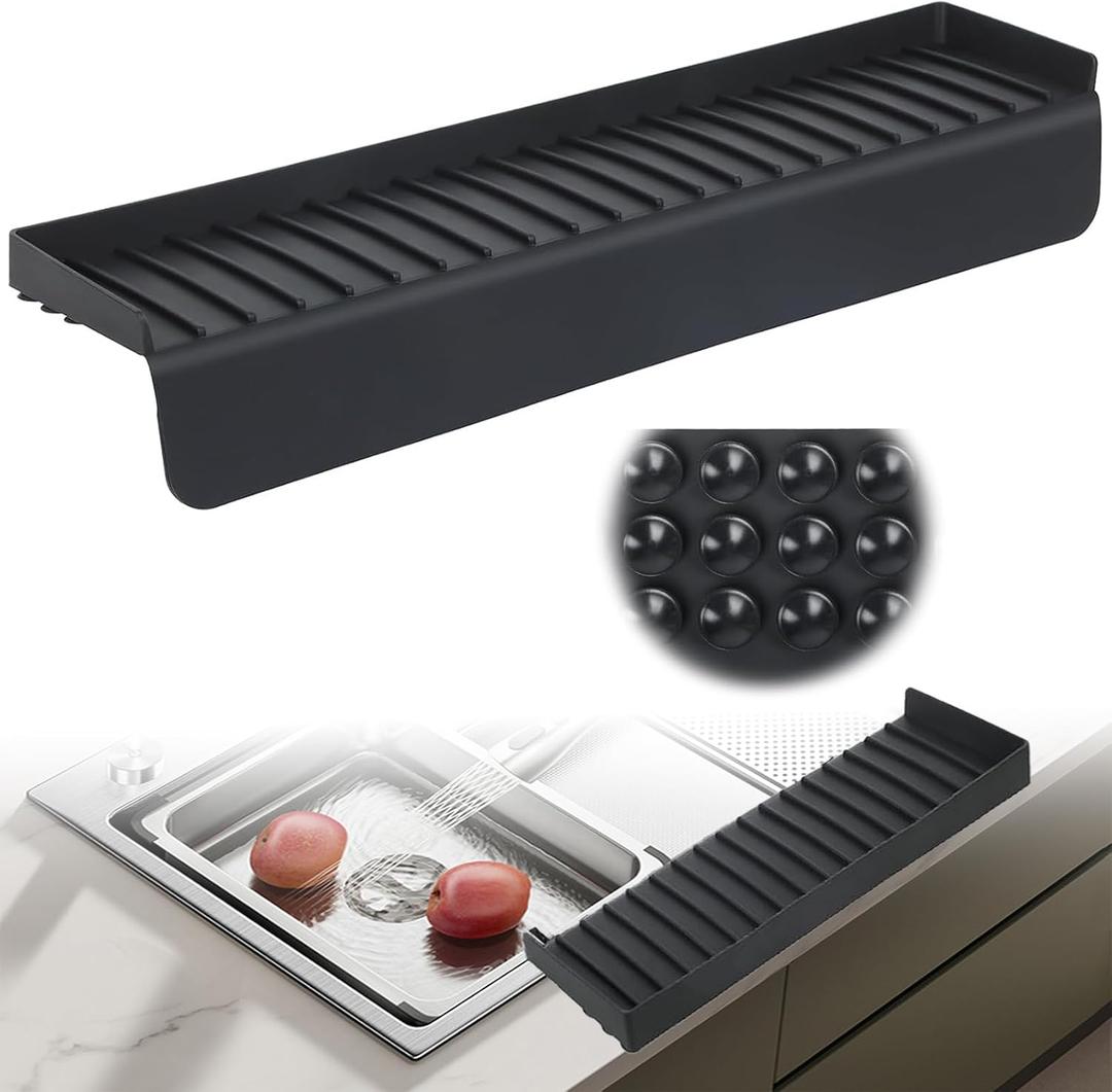 Silicone Sink Edge Protector with Suction Cup 4" x 24",Kitchen Sink Splash Guard for Kitchen, Bathroom Sink, Steel, Granite, Quartz Countertops,Multifuctional Sink Accessories (Black)