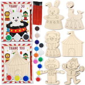 24 Pcs Circus Unfinished Wood Cutout Craft kits Circus Theme Party Decorations Carnival Party Favors Return Gifts for Birthday Party