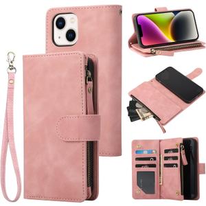 RANYOK Wallet Case Compatible with iPhone 13 Pink | 6.1 inch, Premium PU Leather, Zipper, Flip Folio, Wallet, RFID Blocking, with Wrist Strap, Magnetic Closure, Built-in Kickstand, Protective Case