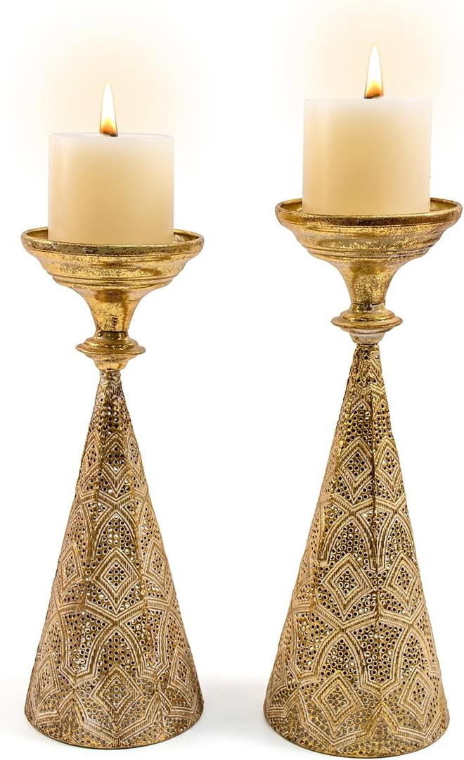Farmhouse Gold Candle Holders for Pillar Candles, Metal Distressed Set of 2 Retro Flower Design Pillar Candle Stand Dual Use, Can be Vase Table Centerpiece Decor for Fireplace, Living, and Dining Room
