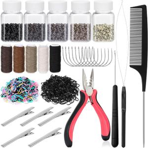 Hair Extension Tools Kit, 2500 Silicone Lined Micro Rings, 1 Plier, 1 Comb, 1 Threader, 1 Crochet Hook, 10 Curved Hair Needle, 5 Metal Hair Clips, 5 Rolls Sewing Threads, 1000 Mini Rubber Bands