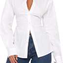 HOCANDY Women Long Sleeve Button Down Shirt Tie Back Cinched Waist Lapel Collar Corset Blouse Work Casual Dressy Tunic Shirt (White, L)