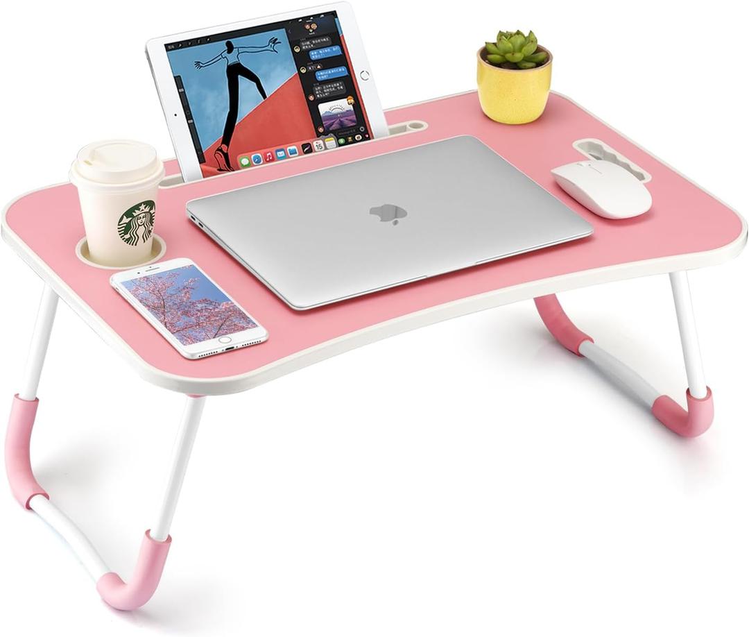 FISYOD Foldable Laptop Table, Portable Lap Desk Bed Table Tray, Laptop Stand with Cup Holder & Tablet Slot & Lifting Handle for Working Writing Drawing & Eating (Pink)