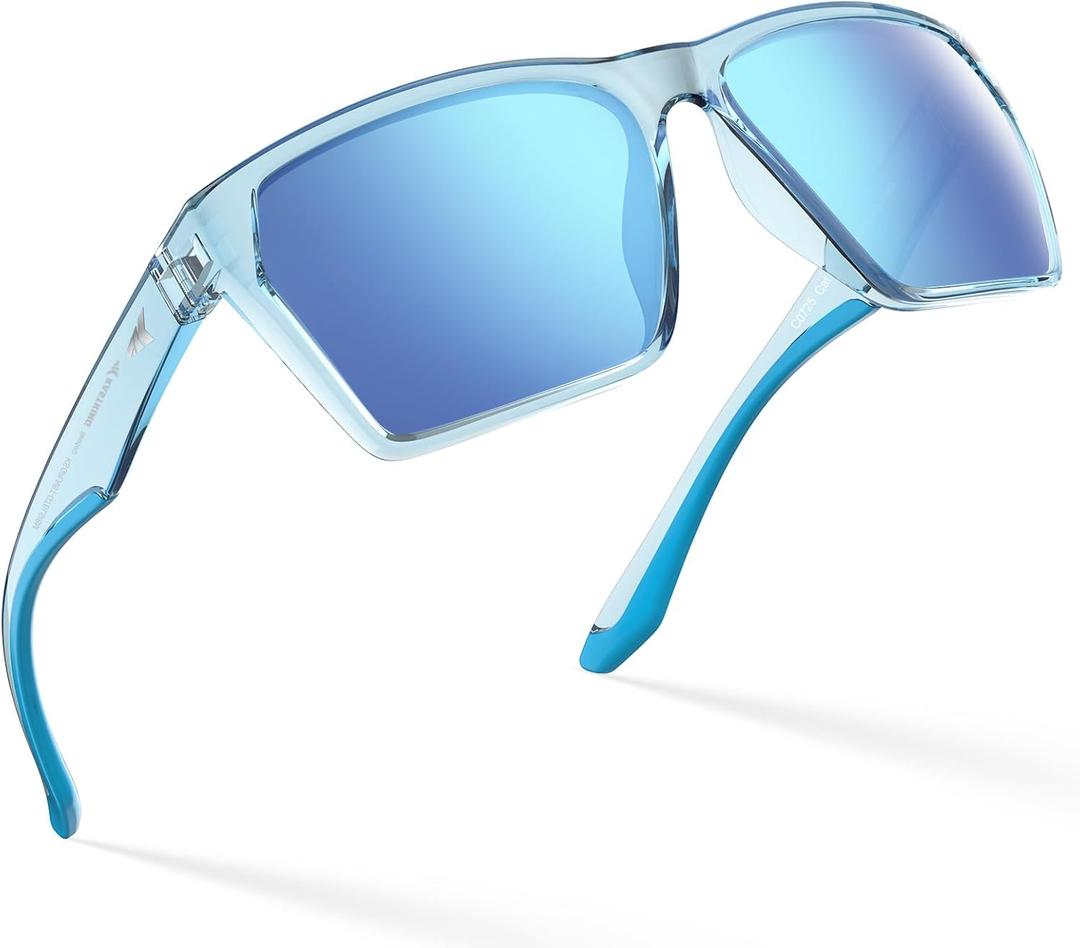 KastKing Beartrap Polarized Sports Fishing Sunglasses, With PuriVex Protective Lens Coating, Wayfarer Design, Men Women (A: Gloss Tal Light Blue Crystal Frame, Ice Blue Mirror)