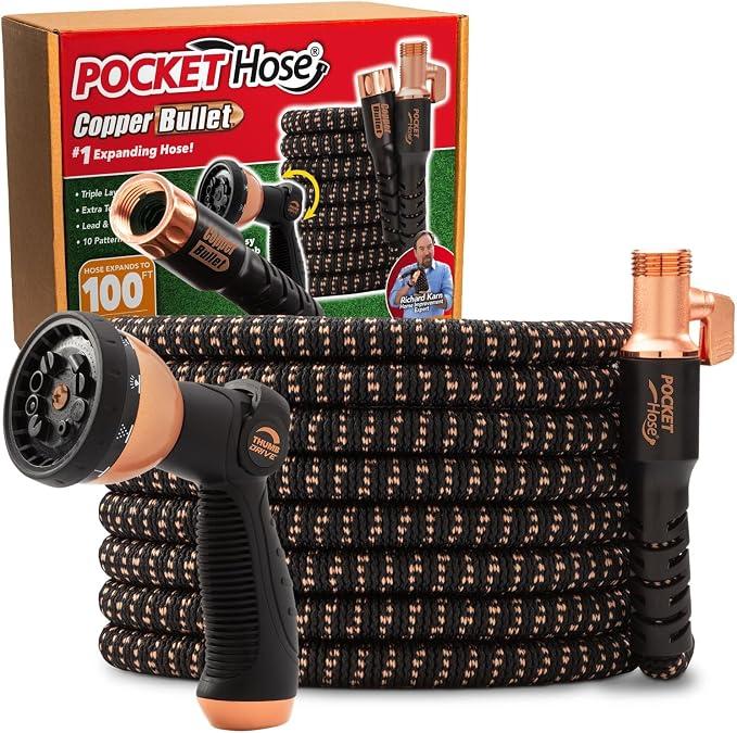 Pocket Hose 100 FT Copper Bullet Hose, 10-Pattern, 650psi
Easy thumb control, anti-burst up to 650 PSI, copper-infused, lead-free, drinking water-safe, no-kink, ultra-lightweight