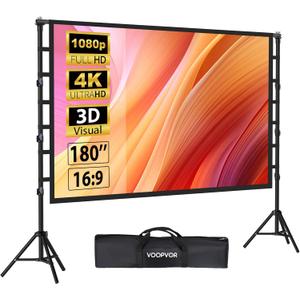 180 Inch Outdoor Projector Screen with Stand: VOOPVOR Portable Projection Screen and Stand, Indoor Rear Front Movie Screen 16:9 4K HD, with Carry Bag, Height Adjustable for Home Theater RVs Camping