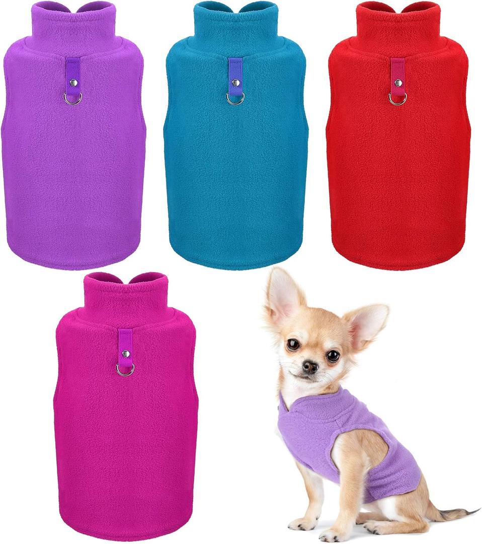 SATINIOR 4 Pieces Stretch Fleece Dog Sweater Polyester Warmer Vest Pullover Jacket with D-Ring Leash Cold Weather Coat Hoodie for Small and Medium Dogs(S,Purple, Blue, Rose, Red)