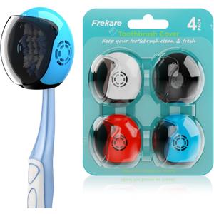 Frekare Helmet Toothbrush Covers Caps, Fits Most Manual and Electric Tooth Brushes, 4 Count (White, Black, Blue, Red)