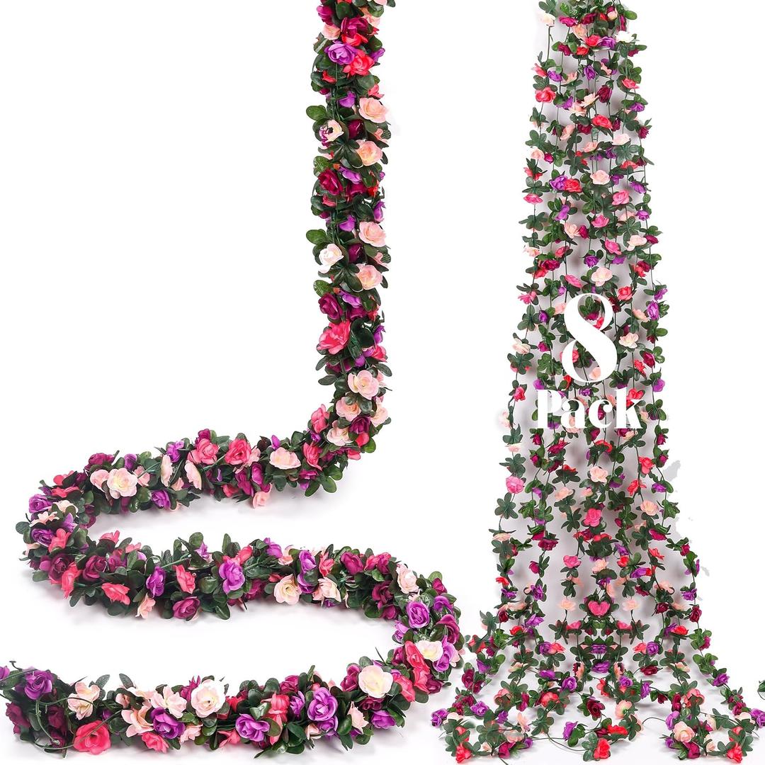 Miracliy 8 Pack 65 FT Flower Garland Decorations Plastic Artificial Flowers for Wedding Decoration Photo Booth Backdrop (Pink&purple)