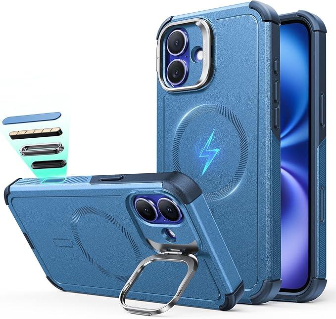 ESR for iPhone 16 Case with Stash Stand, Camera Control, 23FT Military-Grade Shock-Absorbing Drop Protection, Compatible with MagSafe Accessories, Magnetic Cyber Series, Light Blue