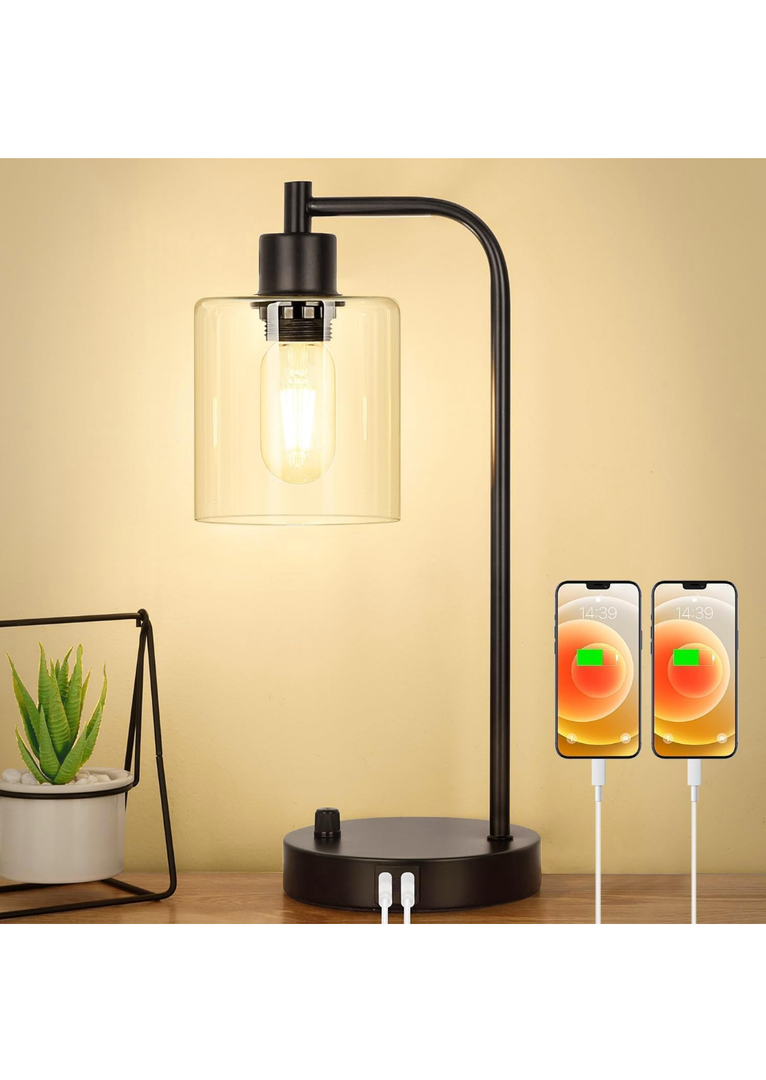 Industrial Table Lamp with 2 USB Charging Ports, Fully Stepless Dimmable Modern Nightstand Lamp, Glass Shade Bedside Desk Lamp for Bedroom Living Room Office, 6W 2700K LED Edison Bulb Included