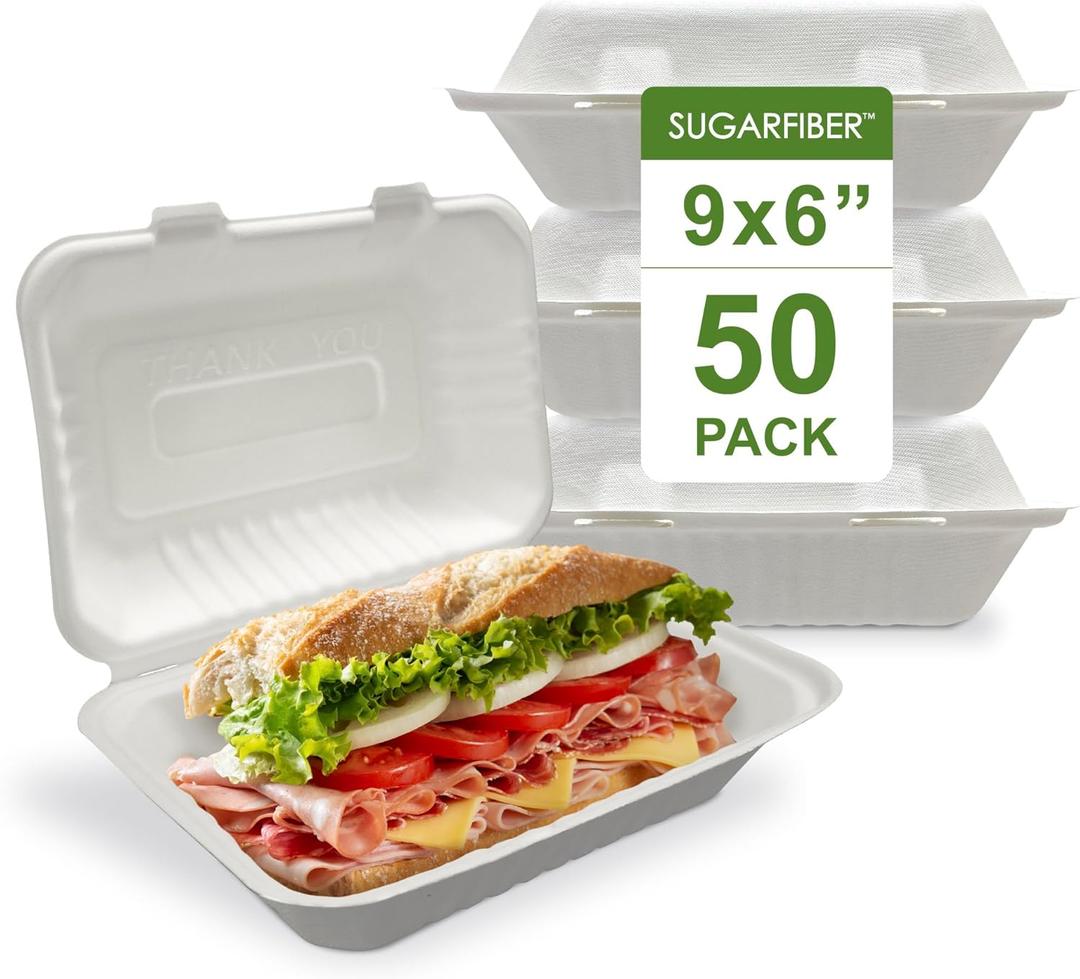 [50 COUNT]Harvest Pack 9 X 6" White Compostable Clamshell Food Containers, To go food container, Heavy-Duty Hinged Container, Disposable Bagasse Eco-Friendly Natural Sugarcane Takeout to go Box