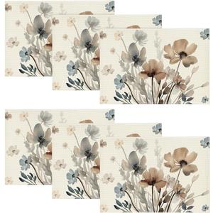 Artoid Mode Brown Poppy Floral Leaves Placemats Set of 6, 12x18 Inch Seasonal Summer Table Mats for Party Kitchen Dining Decoration