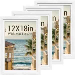 12x18 Poster Frame Set - 4 Pack, White Solid Wood Picture Frames - Tempered Glass - Displays Photos 11x17 with Mat or 12 x 18 without - Room, Office, Gallery, Studio, and Hallway Decor - Wall Hanging