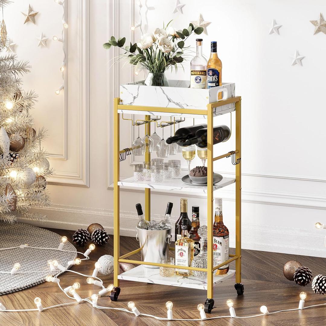 3-Tier Gold Bar Cart with Removable Tray, Small Bar Carts with Wheels, Rolling Beverage Cart, Drink Cart, Gold Wine Cart with Wine Rack for Kitchen, Living Room GBC513G
