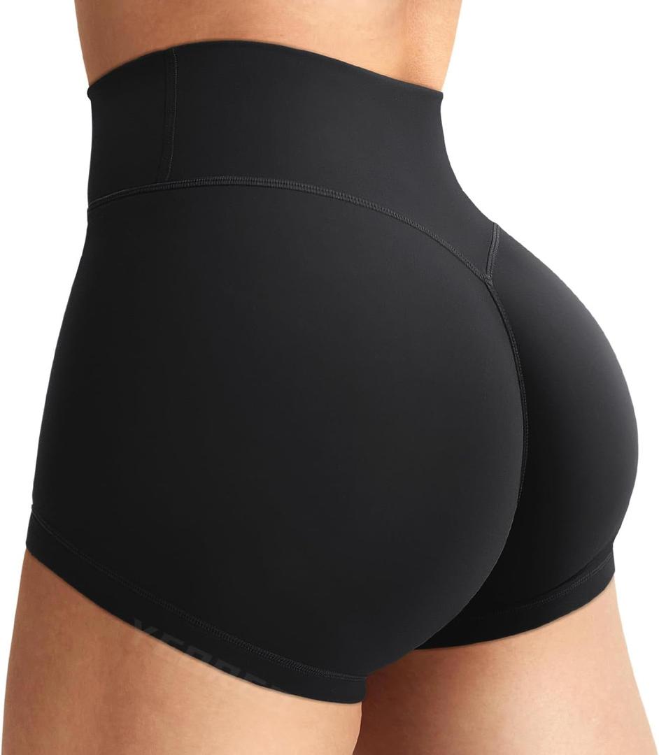 YEOREO Women's Biker Shorts 2.5" No Front Seam Elysina High Waist Hidden Scrunch Workout Gym Yoga Running Shorts (Black)