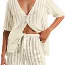Saodimallsu Women Crochet 2 Piece Swimsuit Cover Up Short Sleeve Knit Tops Shorts Sets Summer Beach Vacation Outfit (L, Beige)
