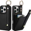 Folosu for iPhone 16 Pro Wallet Case with Card Holder, Hand Wrist Strap Loop Holder Kickstand, RFID Blocking Finger Grip Ring PU Leather Double Buttons Shockproof Cover 6.3" Black