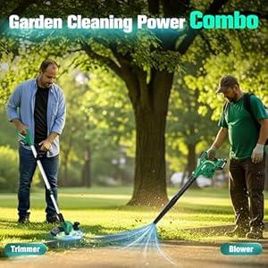 KIMO 20V Weed Wacker and Blower Combo w/2 x 2.0Ah Battery & Charger, Brushless Motor, 20000RPM 12" String Trimmer & Edger w/ 10PCS Cutting Lines, 260CFM/190MPH Cordless Leaf Blower w/Vacuum, 3 Nozzles
