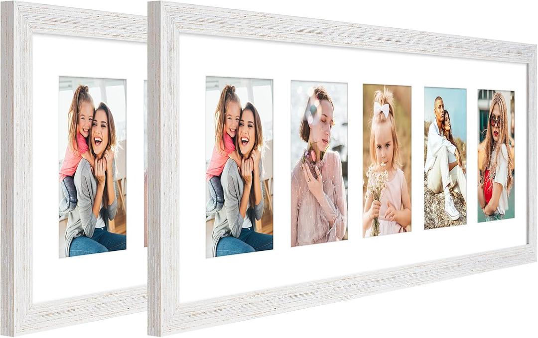 8x24 Collage frame with 5 Openings 4X6 Pictures, Multiple Picture Frame with Mat, Wall or Tabletop Decor, White Wood Grain,2 Pack