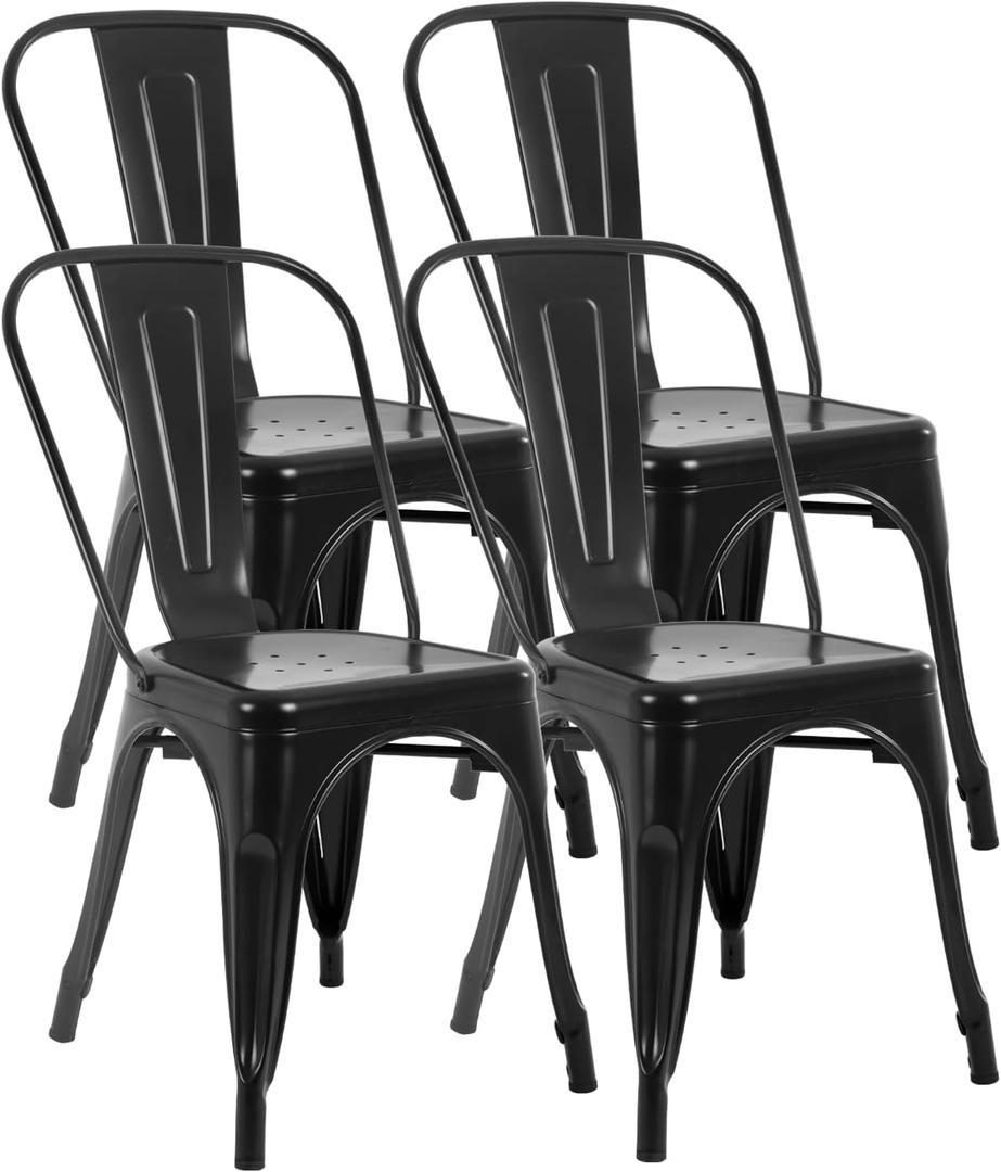 FDW | Metal Dining Chairs | Set of 4 | Black | Stackable Tolix Side Chairs with Backrest | Scratch-Resistant | Non-Slip Feet | Indoor/Outdoor Use | 330 lbs Capacity | for Kitchen & Restaurant, 18"