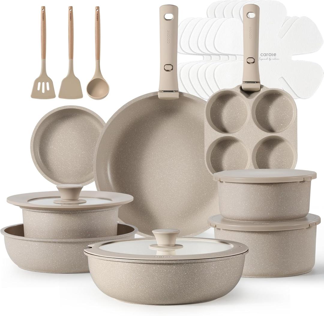 CAROTE 23pcs Detachable Handle Pots and Pans Set, Nonstick Cookware Set, Removable Handle Pots and Pans Non Stick, RV Oven Safe Cookware, Induction Kitchen Set, Taupe, Dishwasher Safe (23pcs, Taupe set)