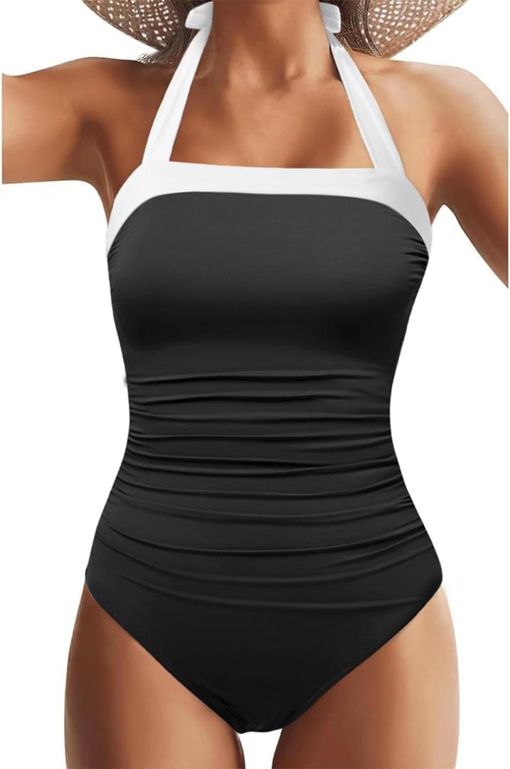 Tempt Me Women One Piece Swimsuits Tummy Control Bathing Suits Push up Full Coverage Swimwear (Black, XL)