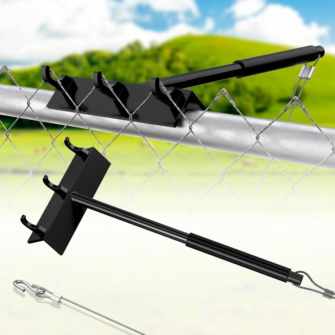 Chain Link Fence Top Rail Stretcher Tool, Heavy Duty Fence Fabric Support Tool with 3 Metal Hooks & 28 Cable Hooks for Easy One-Person Installation, Black, 1PC