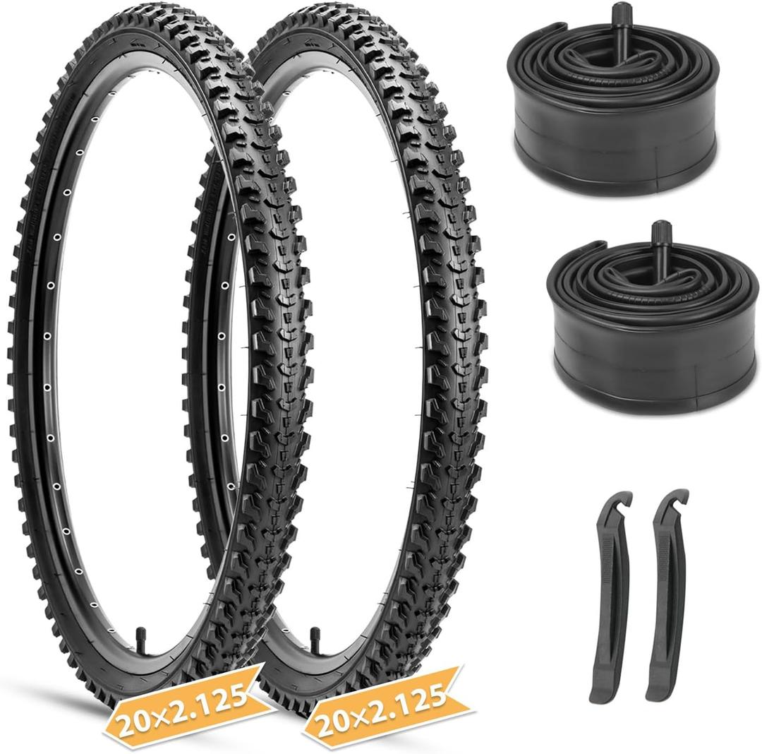 Hycline Mountain Bike Tires Set: 2-Pack 20/24/26x2.125 Inch Folding Replacement High-Density Bicycle Tires and Pair Inner Tubes with Tire Levers Compatible for Street & Off-Road Riding