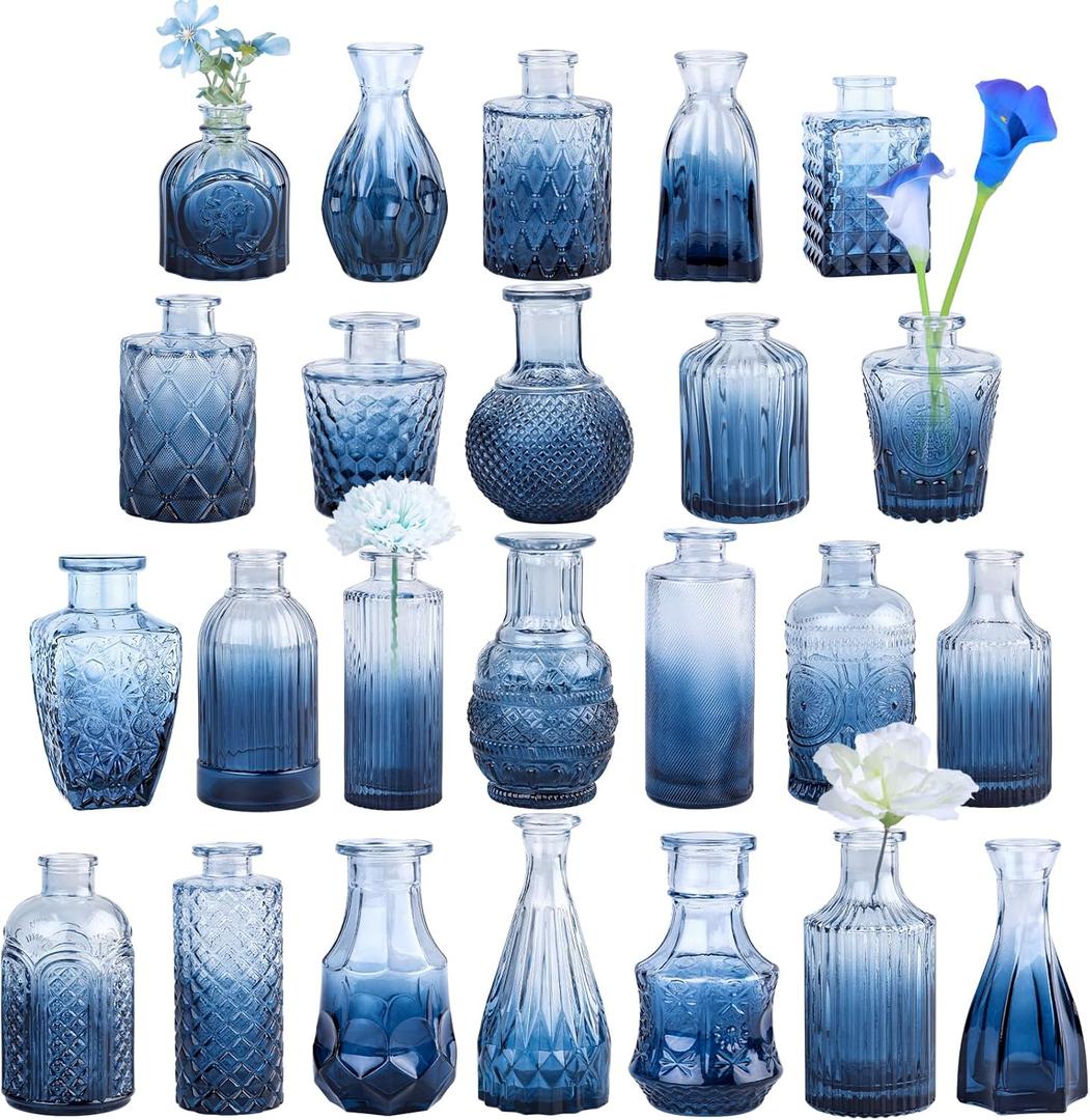TBWIND 24Pcs Blue Glass Bud Vases Set, Small Vases for Flowers, Perfect for Centerpieces at Parties, Baby Showers, Weddings, Events, Graduation Season, Great Gifts for Office & Home Décor